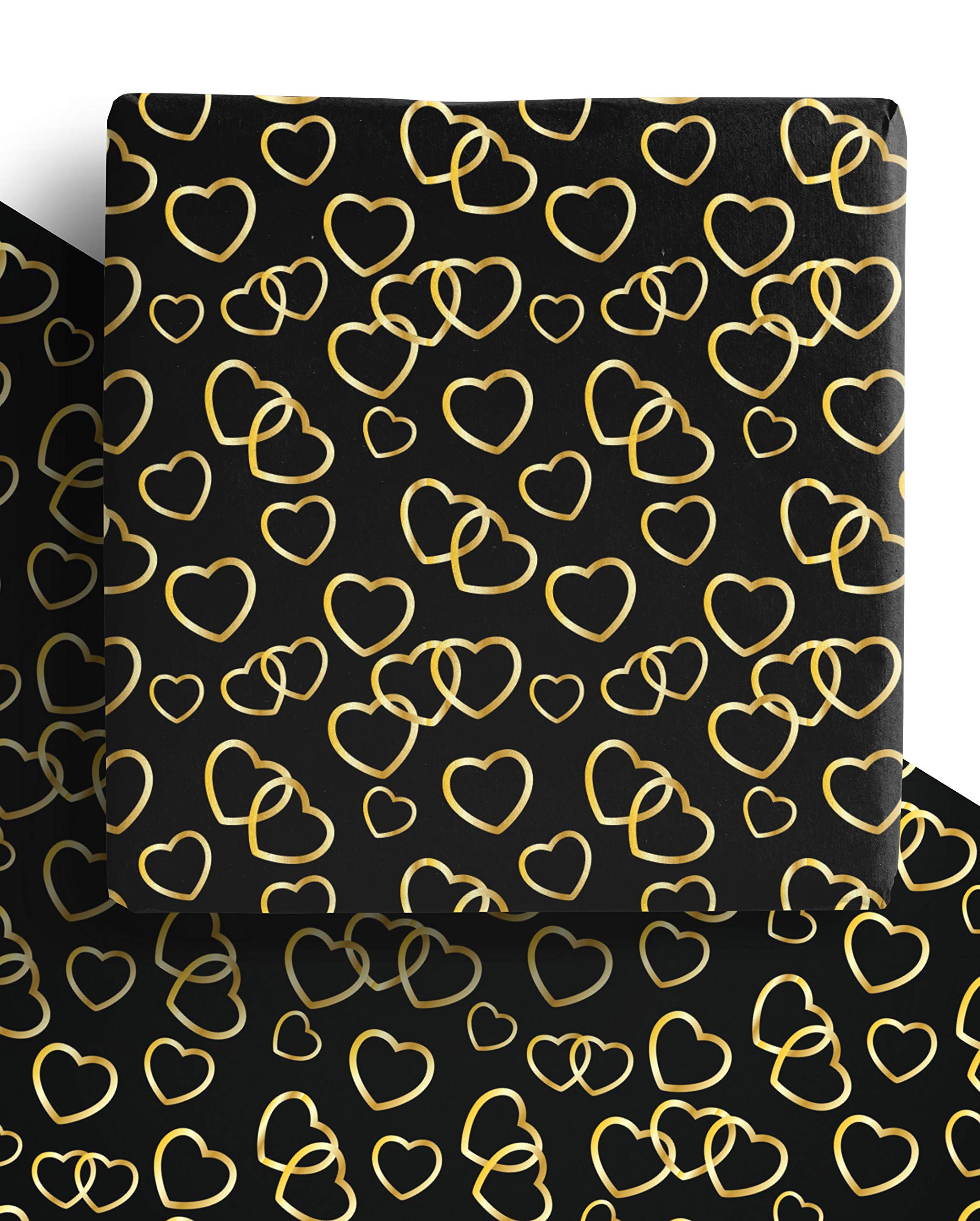 Gold Heart Wrapping Paper Sheets x 4-70cm x 50cm each - Premium Recyclable Gold and Black Valentines Gift Wrap Perfect also for Anniversary, Wedding and more