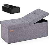HAUSFRAU 31.5 Inches Ottoman with Storage, Folding Ottoman Bench Small Foot Rest Stool, Bedroom Bench with Flipping Lid, Linen Grey