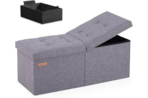 HAUSFRAU 31.5 Inches Ottoman with Storage, Folding Ottoman Bench Small Foot Rest Stool, Bedroom Bench with Flipping Lid, Linen Grey
