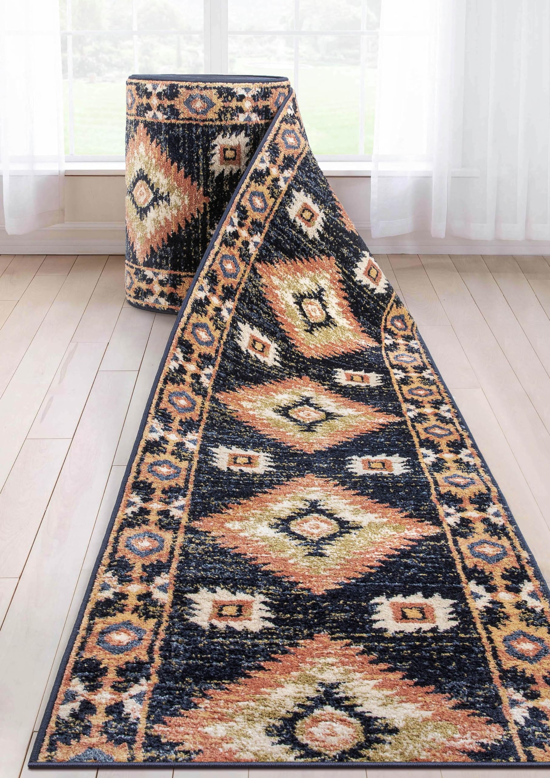 Well Woven Custom Size Hallway Stair Runner – Choose Your Length – Lizette Blue Traditional Medallion 26 Inches Wide x 13 Feet Long Runner (26″ x 13′ Runner) Carpet