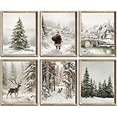 Vintage Christmas Wall Art Santa Claus Reindeer Pictures Winter Print Pine Tree Poster Prints for Living Room Bedroom Farmhou