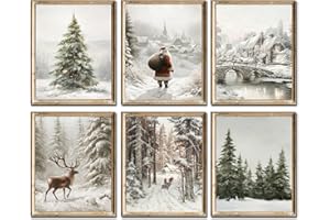 Vintage Christmas Wall Art Santa Claus Reindeer Pictures Winter Print Pine Tree Poster Prints for Living Room Bedroom Farmhou