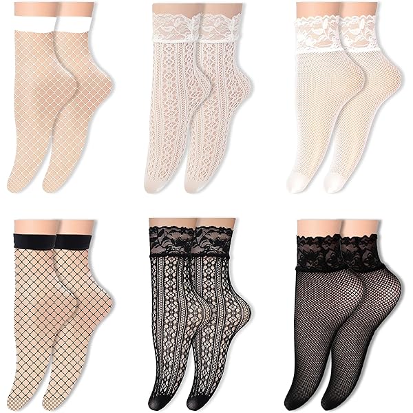 6 Pairs Women's Lace Fishnet Ankle Socks - Sheer Mesh Summer Socks Black & White