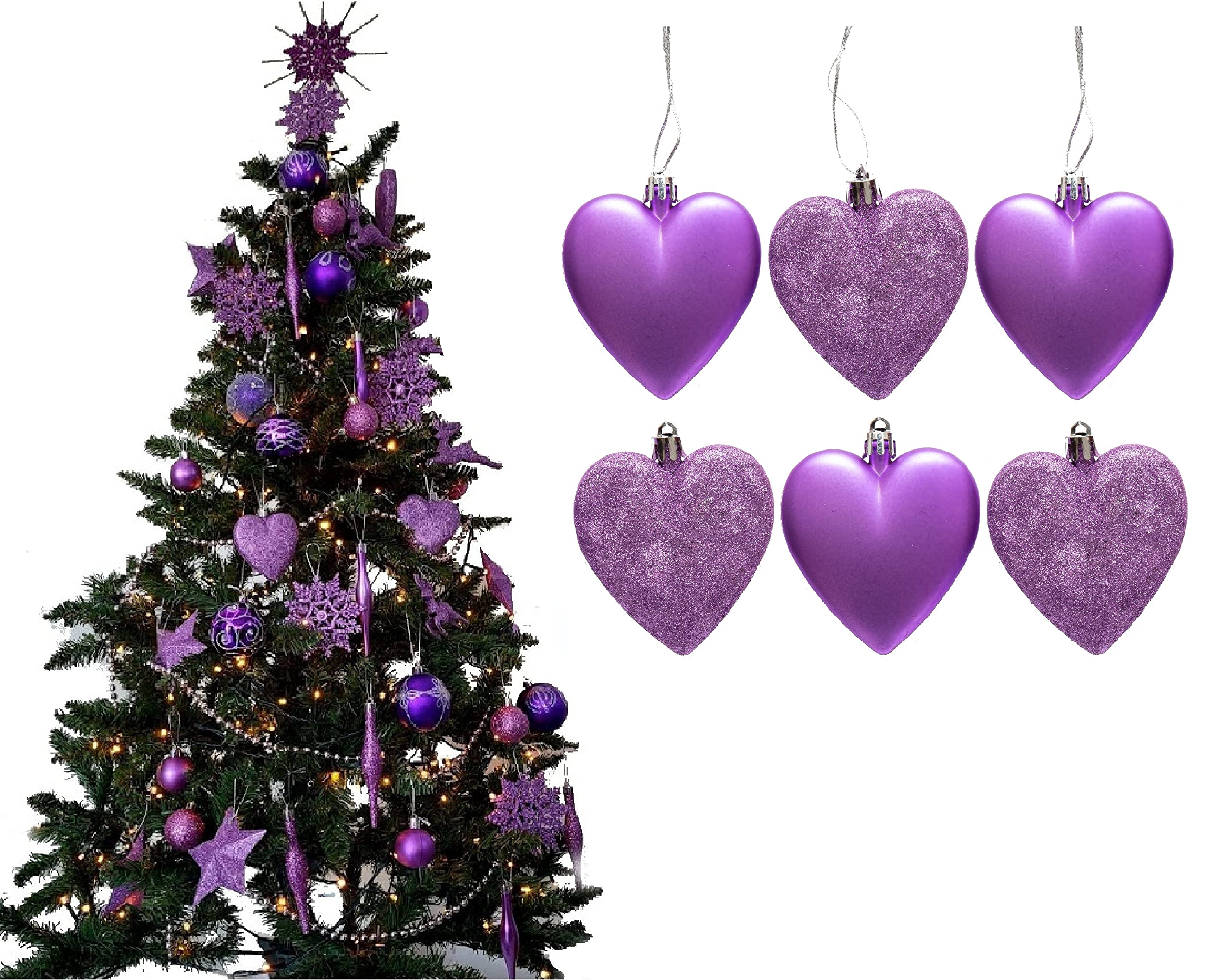 6pc Large Glitter & Matte Heart Baubles - Great Christmas Tree Decorations, Heart Baubles (Lilac)