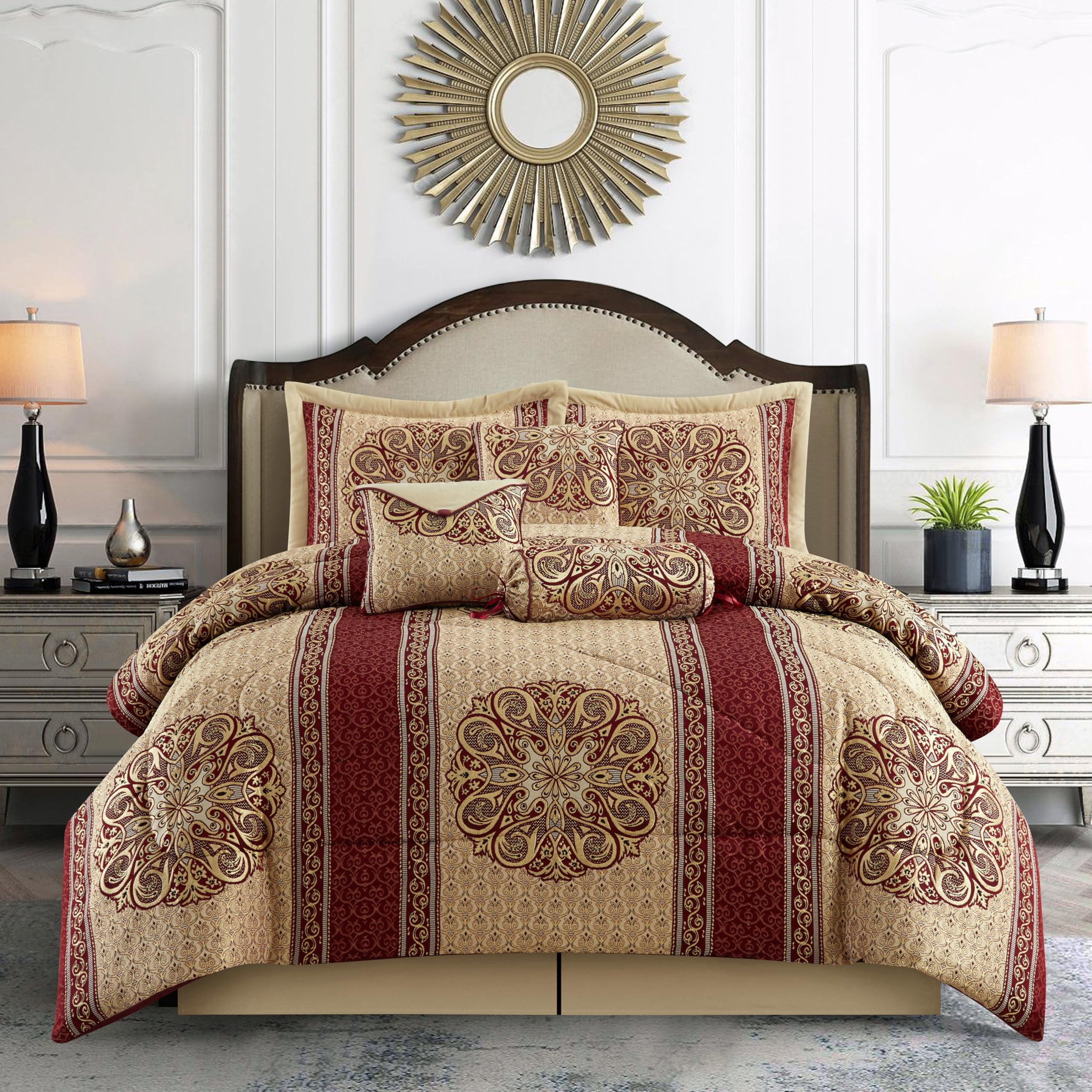 Photo 1 of **INCLUDES COMFORTER, 2 PILLOW CASES AND 3 PILLOWS**Stratford Park Gold/Wine King Comforter Set, 7 Piece, Burgundy Home Decor, Premium Lightweight Microfiber, Bedskirt, Pillows & Shams