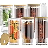 AFINSEA 16OZ Ribbed Glass Cups with Lids and Straws,Iced Coffee Cups with Bamboo Lid,Vintage Glassware for Whiskey Cocktail Beer Fruit Juice Glasses Tumbler(6 Pack)