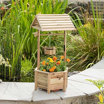 Christow Wooden Wishing Well Garden Planter Outdoor Patio Flower