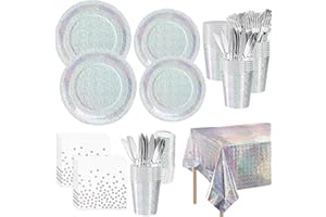 REJOICE BUNNY 121PCS Iridescent Party Supplies Holographic Silver Glitter Tableware Mermaid Birthday Wedding Bachelorette Party Decorations Plates Napkins Tablecloth Knives Forks Dinnerware for 20 Guests