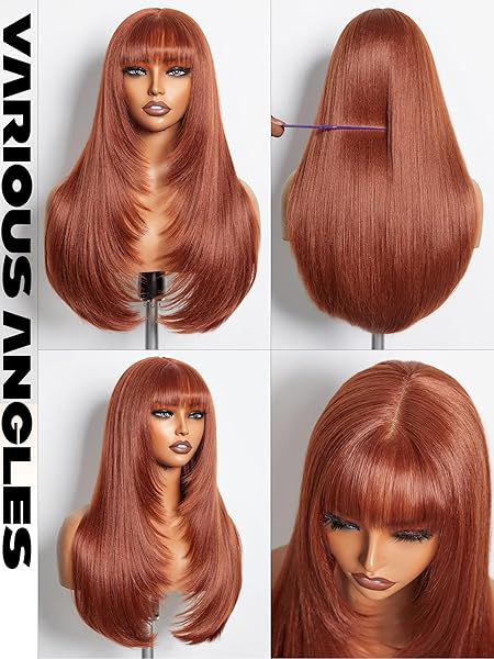 GORGIUS COPPER RED WIG WITH BANGS 24 INCH LONG STRAIGHT LAYERED WIG GLUELESS CURTAIN BANG WIGS WITH REALISTIC LACE SCALP PUT ON & GO BANGS WIG FOR BEGINNER