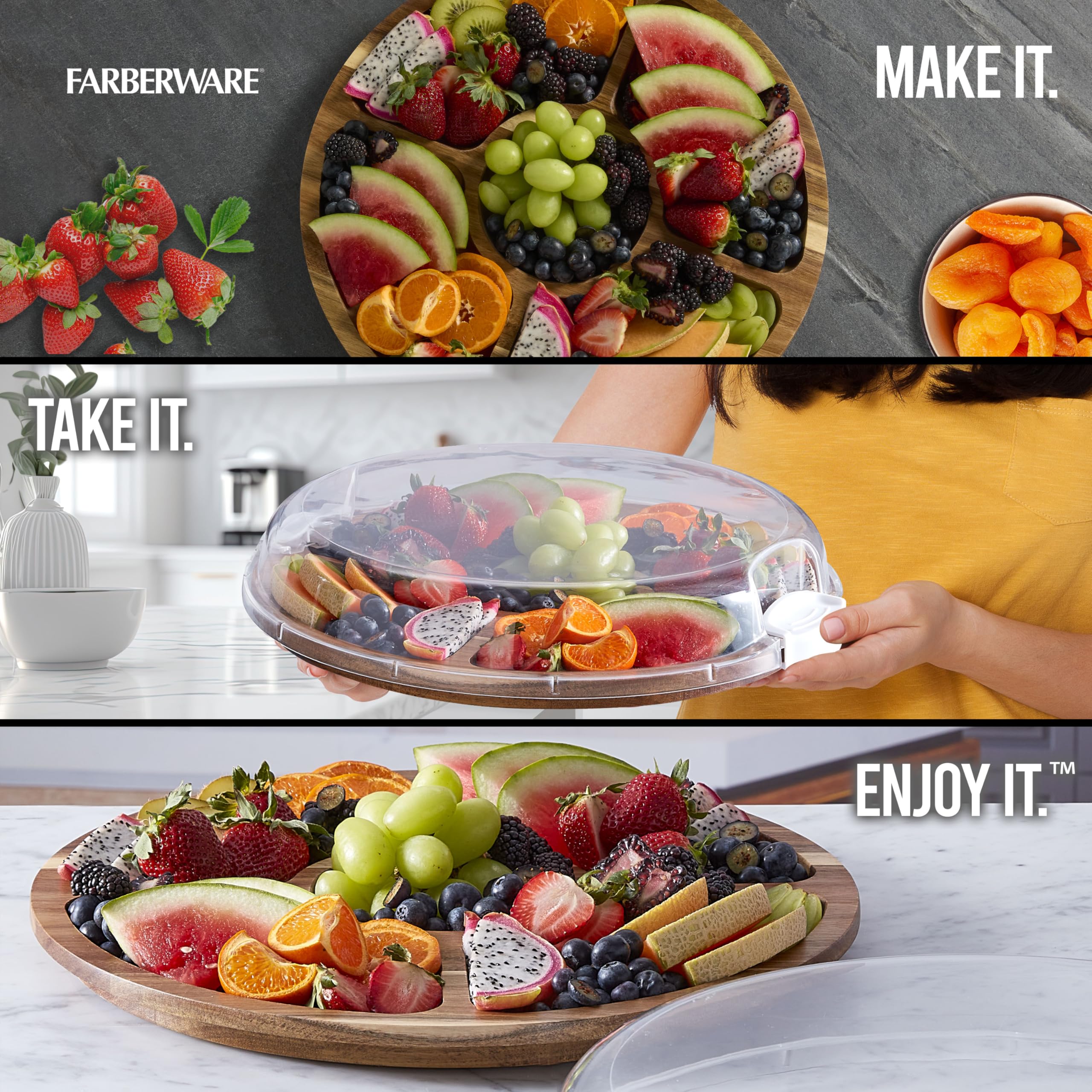 FARBERWARE Build-a-Board Cutting Board with Five Compartments and Clear Locking Lid for Charcuterie, Snacks, and More, Bamboo