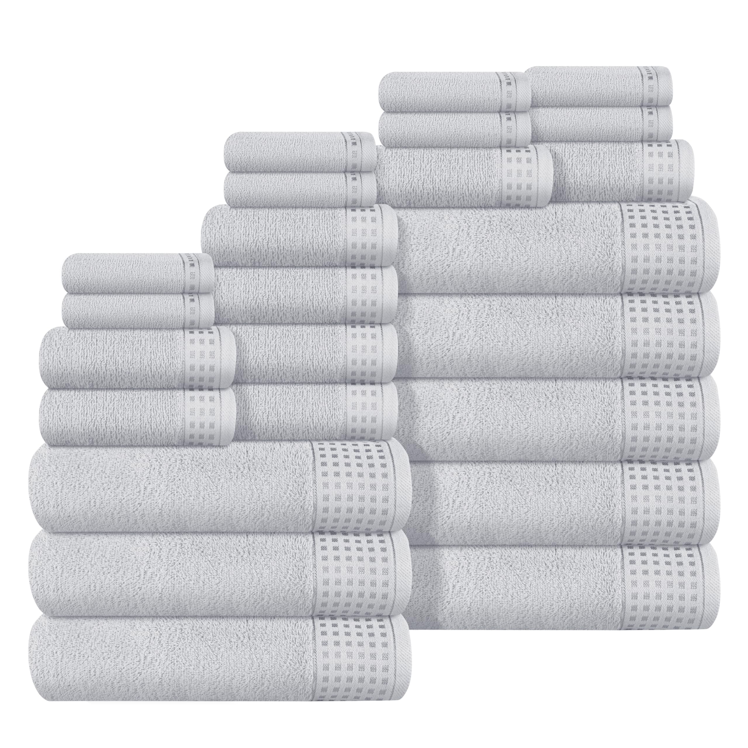 GLAMBURG Towels for Bathroom, 100% Cotton Towel Set, Contains 8 Soft Bath Towel, 8 Hand Towels, 8 Wash Cloths - Compact Absorbent Lightweight & Quickdry - 24 Piece Bathroom Towel Set - Light Grey