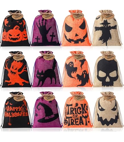 48 Pumpkin Burlap Candy Bags - 4x6 Inch Drawstring Trick Or Treat Bags, 16 Styles