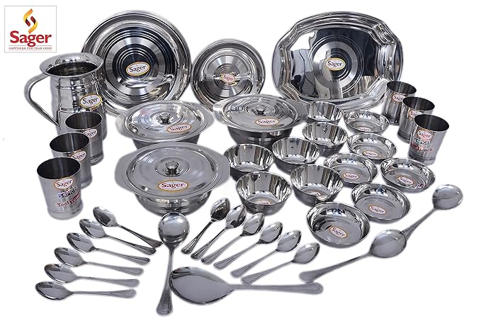 SAGER Stainless Steel Dinner Set - 51 Pieces, Silver