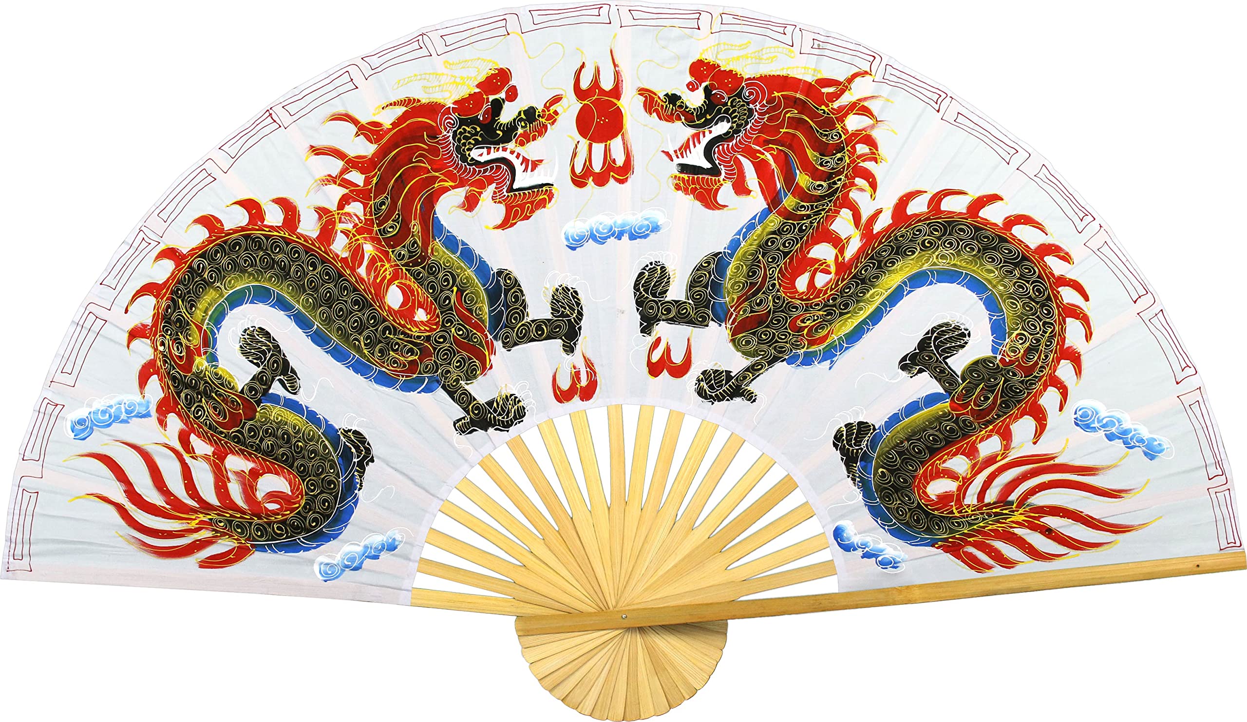 White Dragons Folding Wall Fan Hand-painted Wall Decor Art (40 inch wide)