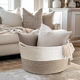 Maliton Large Cotton Rope Storage Basket 55x35cm 68L White Brown view 2