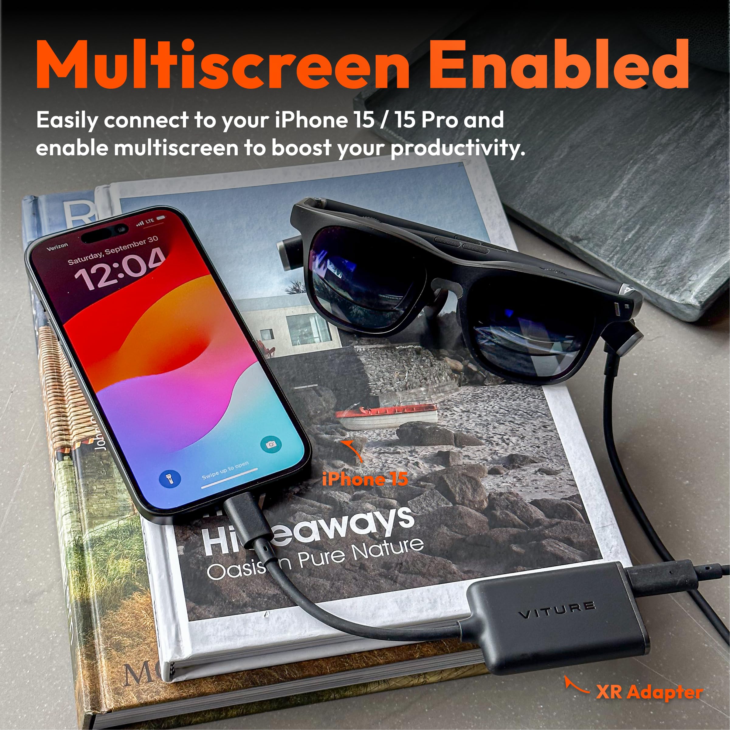 VITURE One for USB-C iPhone Pack: XR Glasses & USB- C XR Charging Adapter: Seamless Support on Spatial Video, Multi-Screen, Enhanced 3DoF, 1-Click 3D, VR Video, Fits iPhone 16/15, Charge and Play