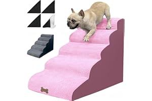 NECRELY Dog Stairs for Small Dogs to high beds, 5 Steps 24 inch Dog pet ramp Stairs for 18-30 inch Couch-Bed, 2 Pcs Pink & Grey Washable Cover with Dog ramp for Old Large Dogs & Cats. Non-Slip Balanced 33D
