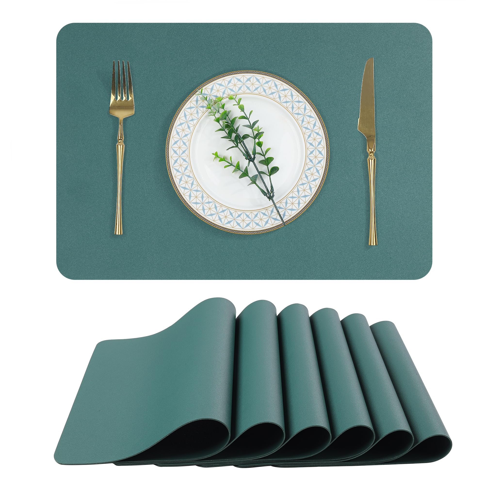 fanquare Green PVC Heat Resistant Placemats Set of 6 Faux Leather Place Mats Waterproof Non-Slip Washable Heat Resistant Rectangular Table Mats for Dining Kitchen Table Decoration 44 * 30cm