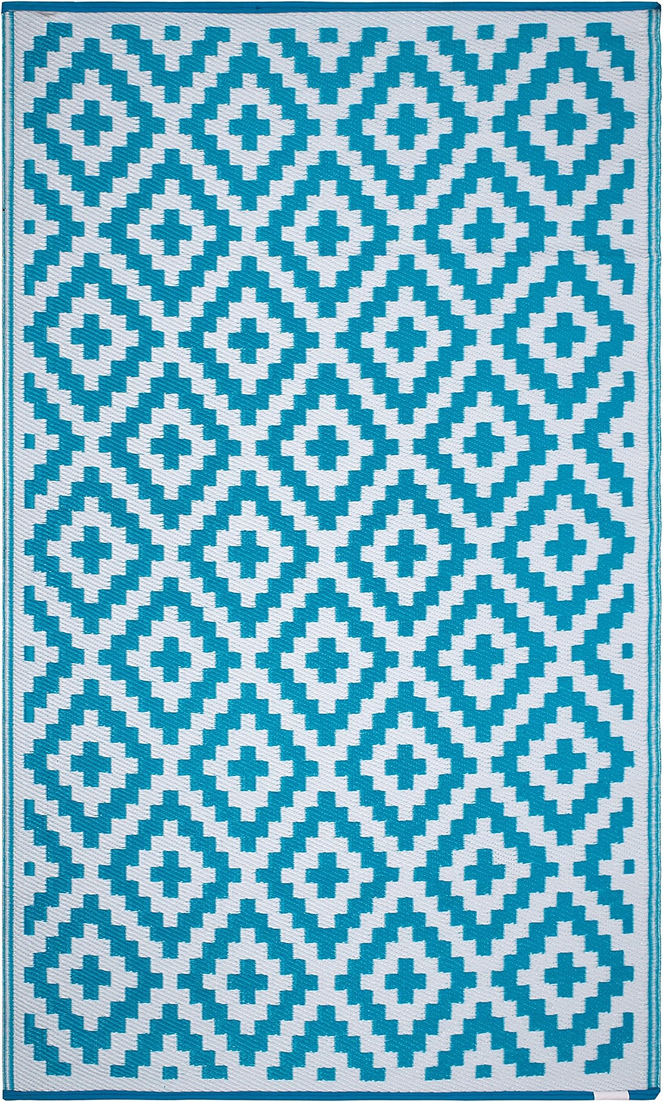 FH Home Indoor/Outdoor Recycled Plastic Floor Mat/Rug - Reversible - Weather & UV Resistant - Aztec - Teal/White (180 cm x 270 cm)
