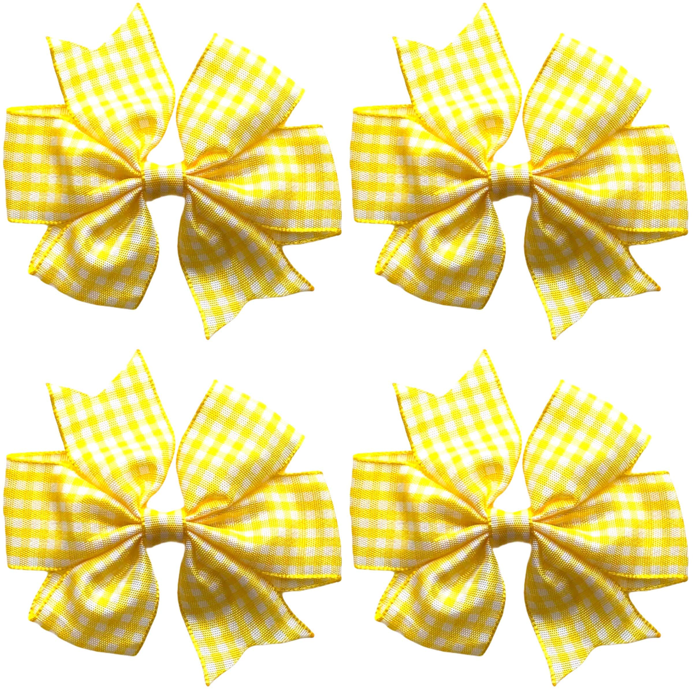 School Gingham Cross Hatch Hair Bows Clips Slides Grips 3" inch Solid Vibrant Colours Hairbows 4 Pack (Yellow) — image 1