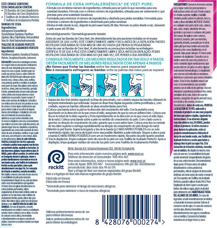 Pure Bandas de Cera Fría Depilatoria para Depilación Facial Adecuado para Labio Superior (Bigote), Fórmula de Cera Hipoalergénica para Pieles Sensibles, 20 Tiras
