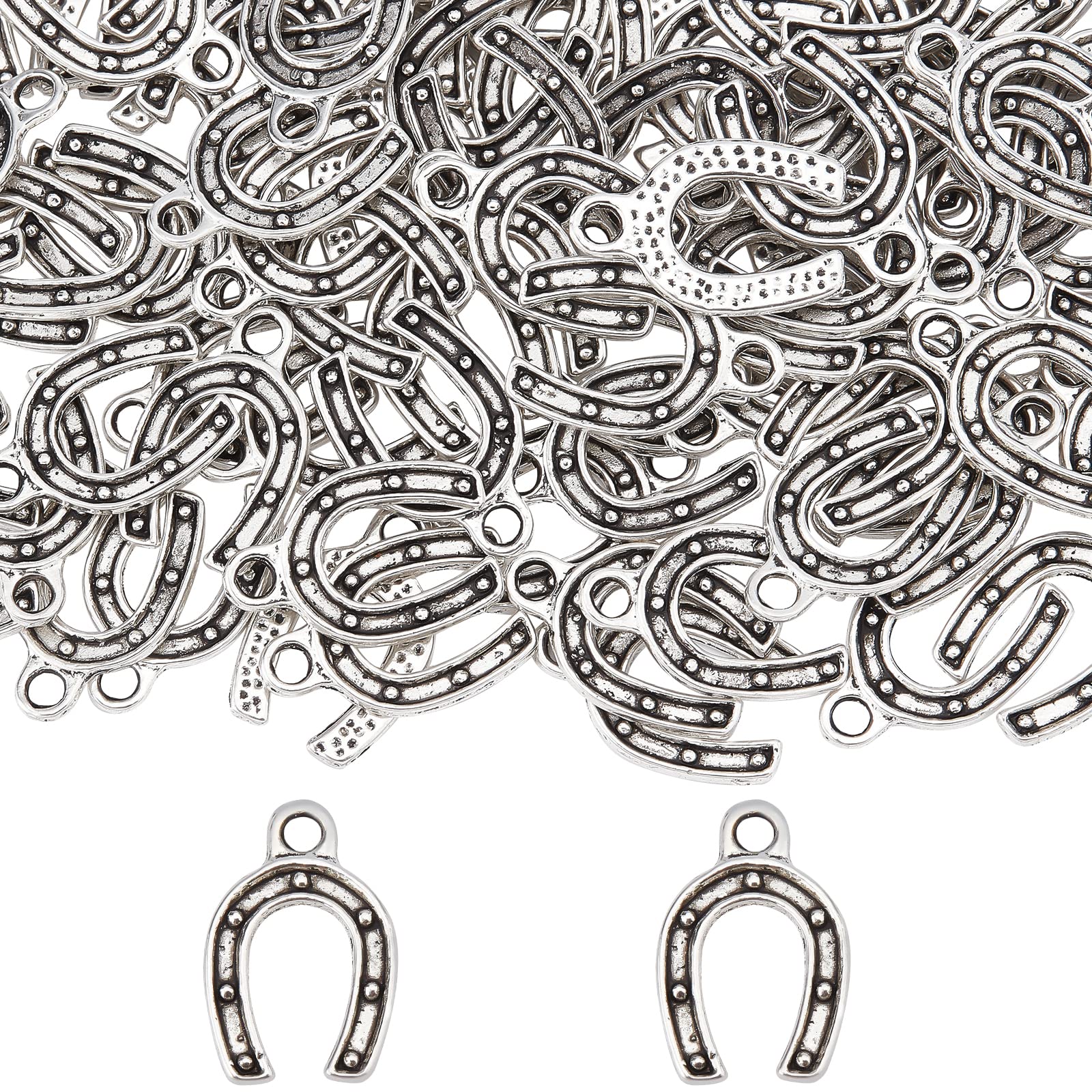 SUNNYCLUE 1 Box 100Pcs Horseshoe Charms Silver Horse Shoe Charm Bulk Wedding Tibetan Alloy Western Cowboy Lucky Charm for Jewellery Making Charms DIY Necklace Bracelet Earring Crafting Women Adult