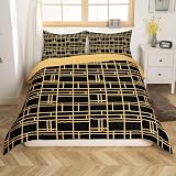 Loussiesd Grid Duvet Cover Set Single Black Gold Lattice Microfiber 2 Pcs view 4