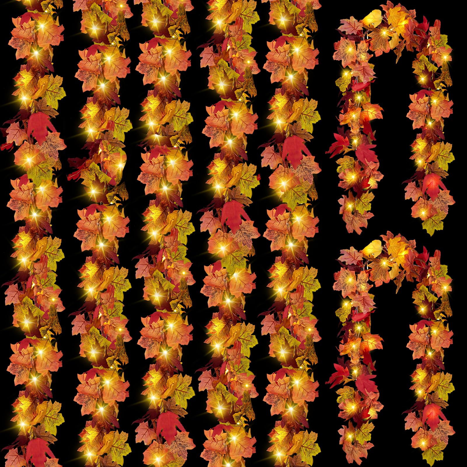 CQURE 7 Pack Fall Leaf Garland with Lights, Total 41.3 Ft Lighted Fall ...