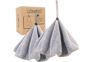 myHomeBody Hand Towels with Hanging Loops, Absorbent Charcoal Fiber Cleaning Clothes with Coconut Shell Button for Kitchen, Round Shape, Set of 2, Grey