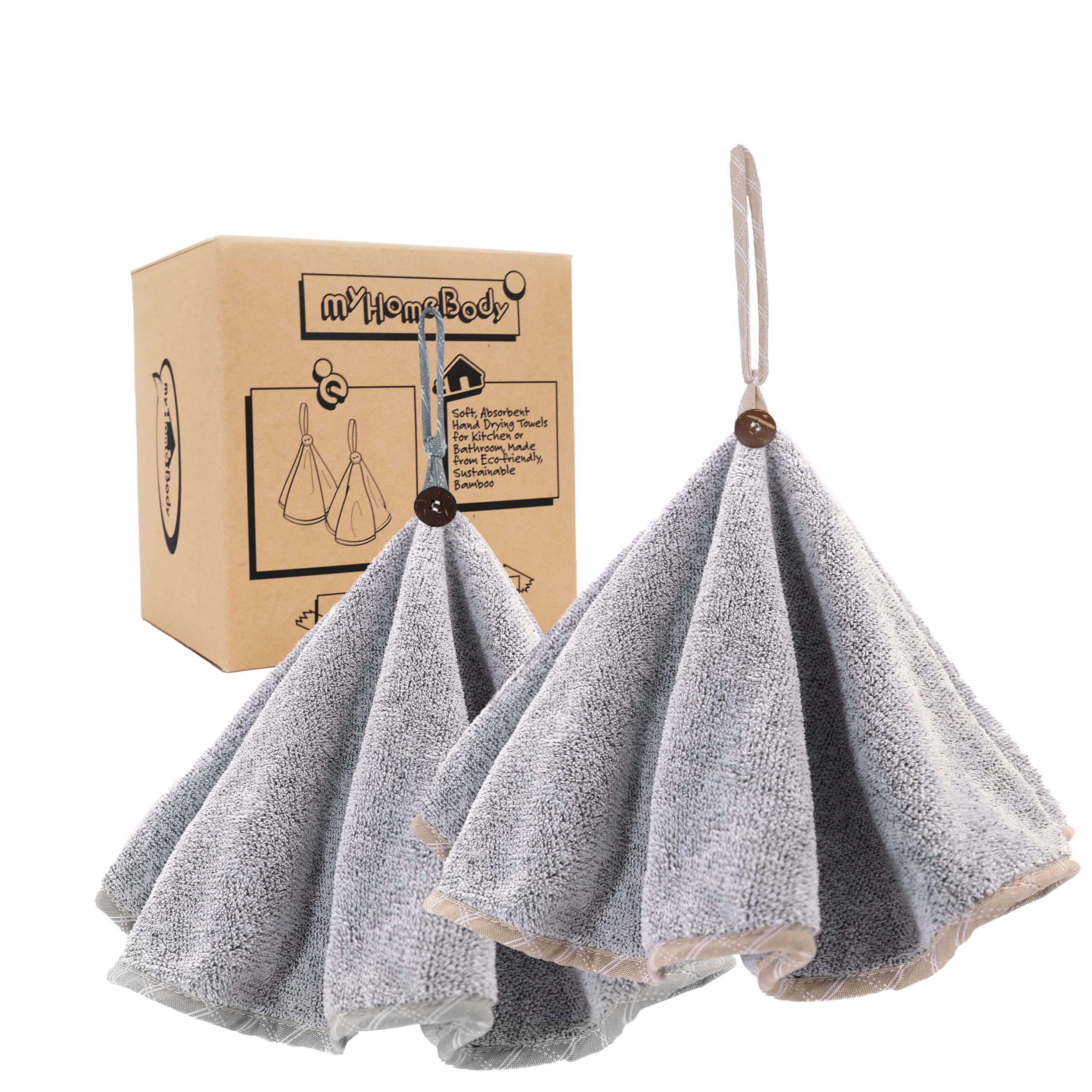 myHomeBody Hand Towels with Hanging Loops, Absorbent Charcoal Fiber Cleaning Clothes with Coconut Shell Button for Kitchen, Round Shape, Set of 2, Grey