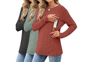 Sweetyweee 3 Pack Women's Nursing Long Sleeve Tops Breastfeeding Thermal Sweaters with Hidden Zipper Maternity Ribbed Shirts