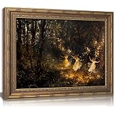 Vintage Gold Framed Witch Wall Art, Gothic Dark Academia Wall Decor | Fire Dance Witchy Oli Painting Canvas Prints, Fairy Halloween Picture, Moody Forest Poster Artwork for Living Room Bedroom