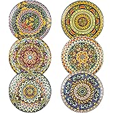 Henten Home Ceramic Dessert Plates Set of 6, 8.5 Inch Porcelain Salad Plate, Colorful Bohemian Style Serving Dishes for Cake, Snack, Appetizer, Decorations, Dishwasher & Microwave Safe