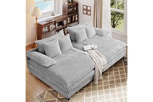 KAKUBOOHI Double Chaise Lounge Chair Indoor, 109.5"W Comfy Corduroy Oversized Lounge Chaise w/ Detachable Armrest Pillows, Deep Seat Cloud Couch Sleeper Sofa Reading Chair for Living Room (Cream Gray, 2-Set)