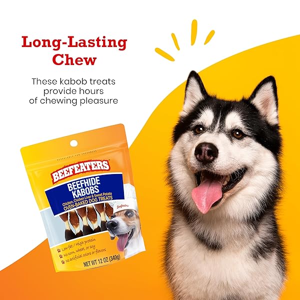 BEEFEATERS BEEFHIDE KABOBS 12OZ – DOG TREAT. TRIPLE FLAVOR WITH REAL CHICKEN, LIVER & SWEET POTATO, LONG-LASTING CHEW, SUPPORTS DENTAL HEALTH, IDEAL FOR TRAINING