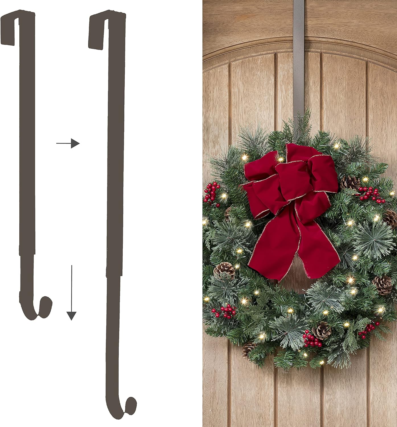 Wreath Hangers - Haute Decor Adapt Adjustable Length Wreath Hanger - Matte Brown Metal - Holds up to 20 lbs. - Over The Door Long Wreath Hook for Year-Round Indoor or Outdoor Use