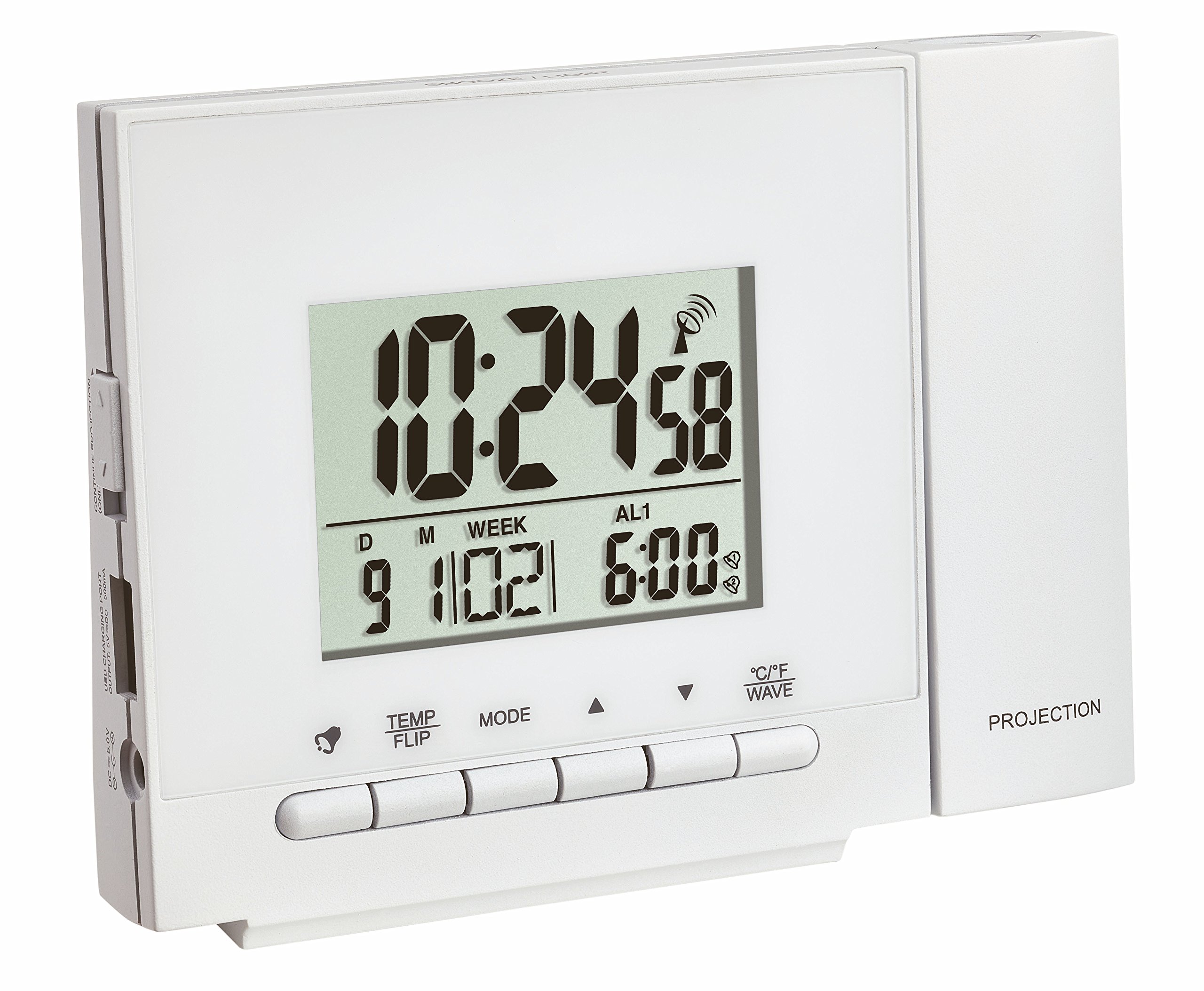 TFA Dostmann Wireless Projection Clock, 60.5013, Alarm Clock with 2 Alarm Times, Projection of Time or Temperature, Charging Function for Mobile Devices, Black