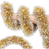 50FT Gold White Christmas Tinsel Garland Metallic Twist Shiny Christmas Tree Decorations, Xmas Holiday Hanging Garland for Home Mantle Stair Indoor Outdoor Holiday Decor Party Supplies - Gold White