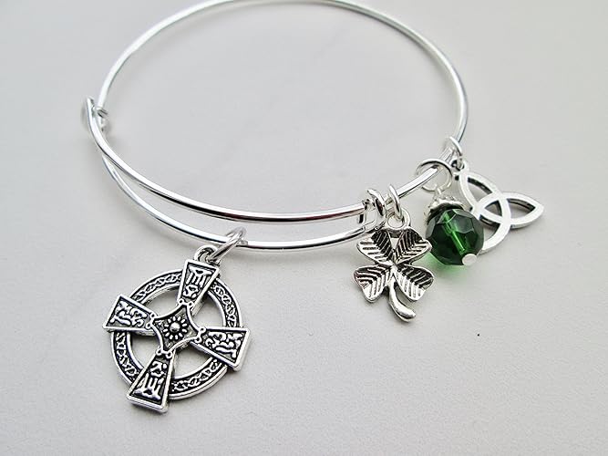 Irish Celtic Cross adjustable bangle bracelet with Shamrock