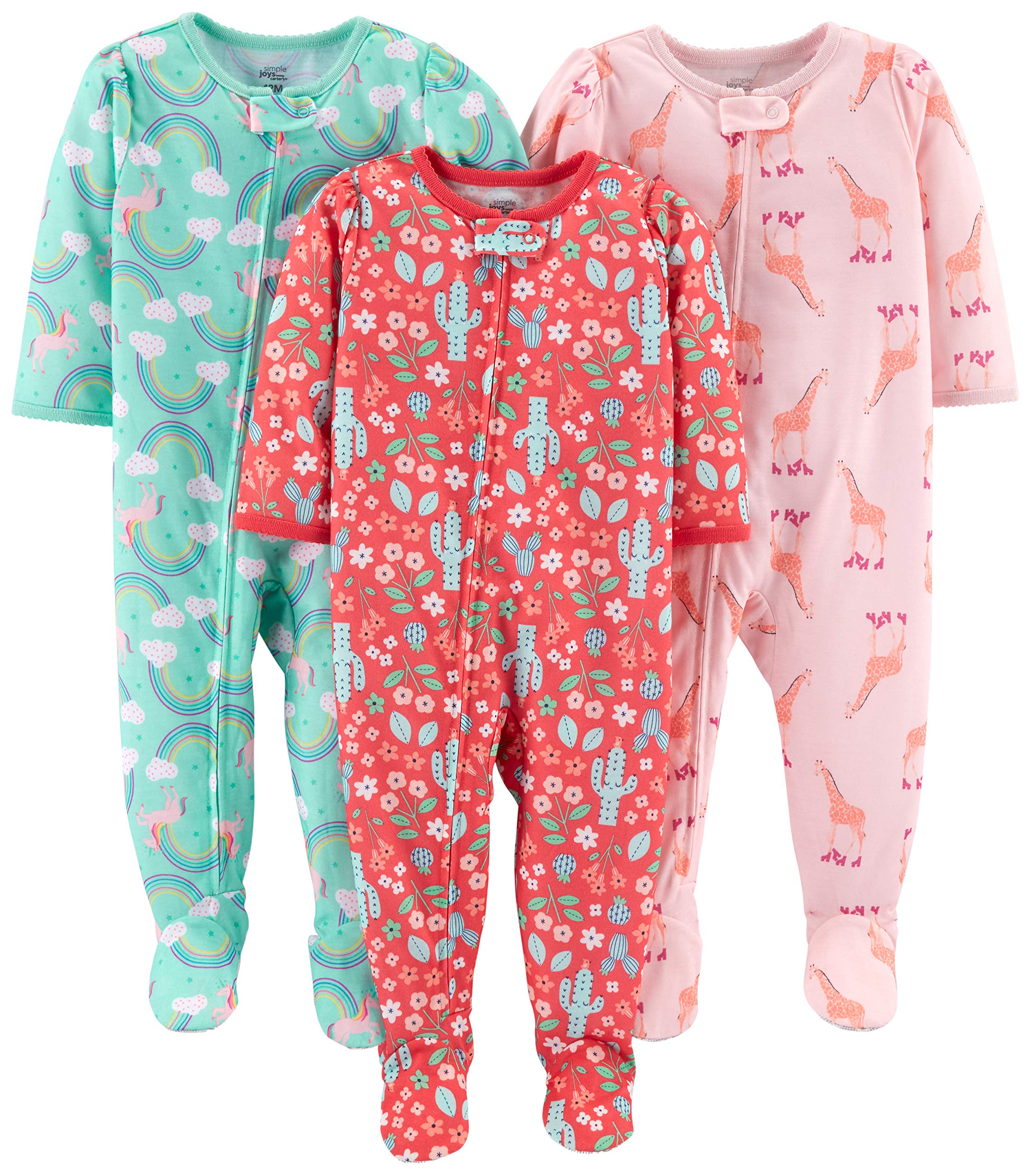 Photo 1 of Simple Joys by Carter's Baby Girls' 3-Pack Loose Fit Flame Resistant Polyester Jersey Footed Pajamas, Cactus/Giraffe/Rainbow, 24 Months
