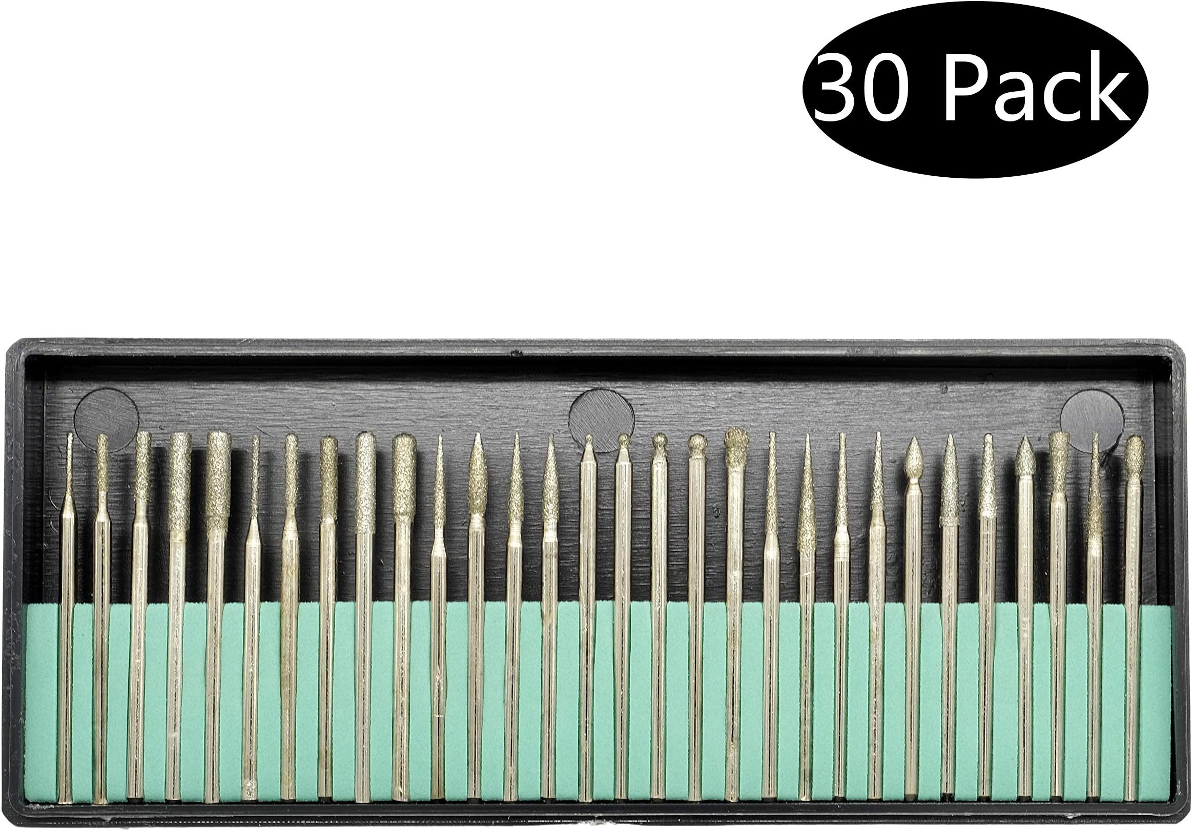 TAROSE 30Pcs Set of Assorted 1/8-inch (3 mm) Shank Diamond Coated Burr Bits Engrave Polishing for Glass Gemstone Metal for Rotary Tools, 120-150 Grit
