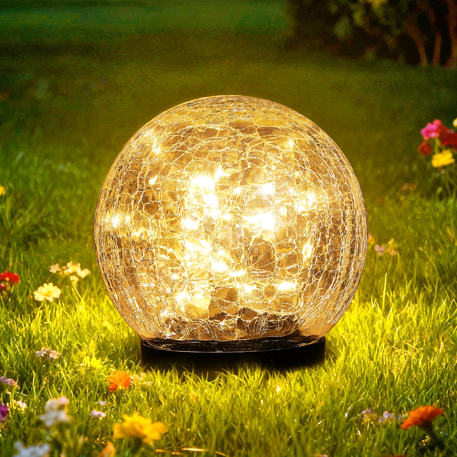 Garden Solar Lights, Cracked Glass Round Ball Light Outdoor Decor, Waterproof Decorative Warm White LED Globe Light for Landscape Walkway Backyard Patio Yard Lawn Pathway Garden Decoration