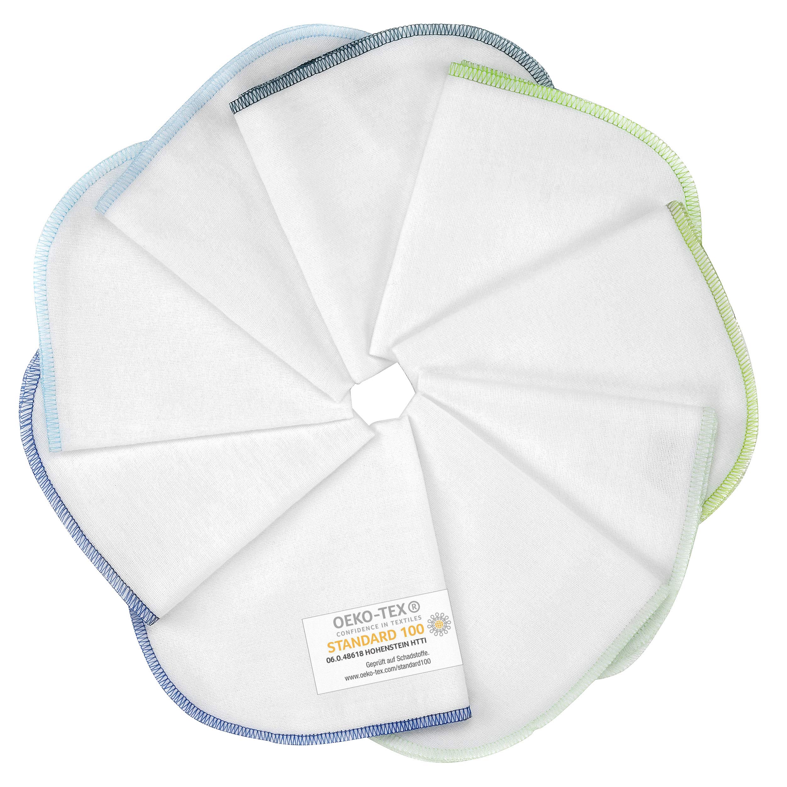 Makian 9x Baby Washcloth with Practical Hanging Loop 30x30 cm - Reusable Wash Cloths 100% Cotton - Ecofriendly Baby Wipes - White with Coloured Edges (Blue/Green)
