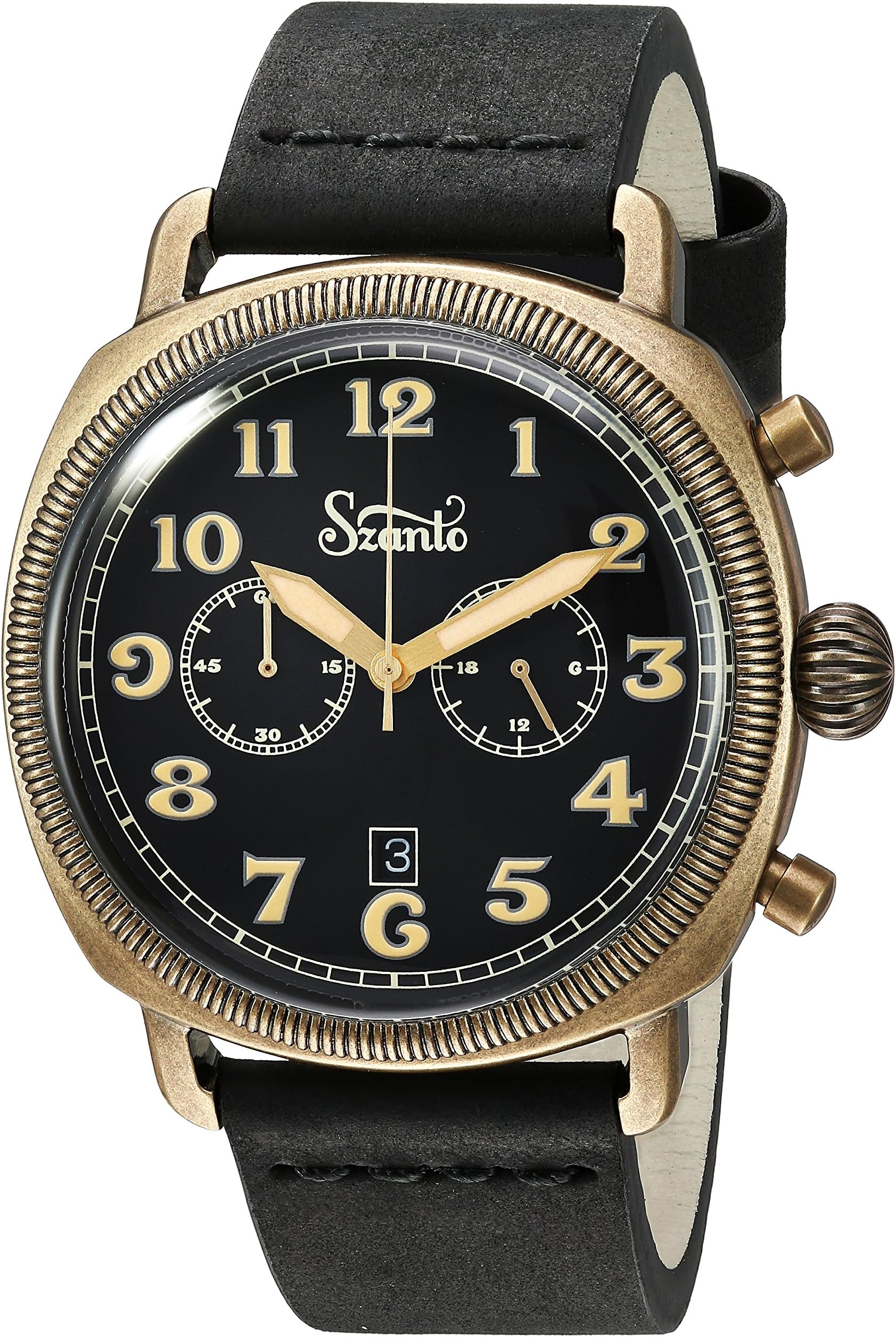 Szanto Men's 'Coin Cushion' Quartz Stainless Steel and Leather Casual Watch, Color:Black (Model: SZ7013)