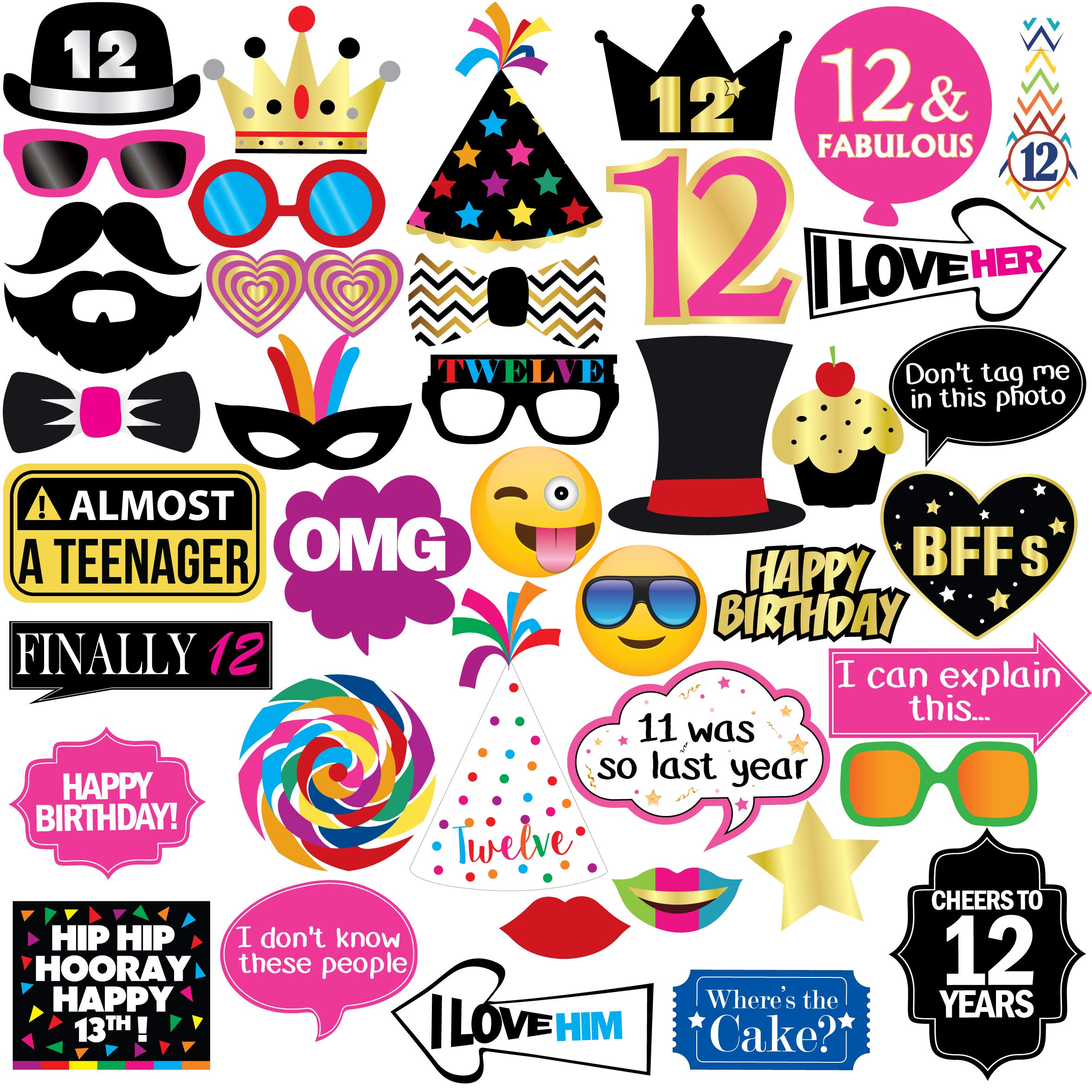 12th Birthday Photo Booth Party Props - 40 Pieces - Funny 12th Birthday Party Supplies, Decorations and Favors
