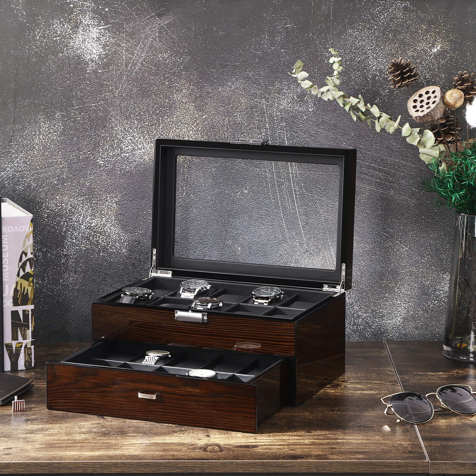 BEWISHOME BEWISHOME High-End Watch Box, 20-Slot Watch Case with Large Glass Lid, Wooden Watch Cases for Men, Watch Storage, Watch Organizer, Synthetic Leather Interior, Brown SSH04Y