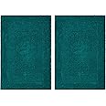 COTTON CRAFT Luxurious Bath Mat Rug - Set of 2 Reversible Heavyweight Step Out Bath Mats for Bathroom Floor, Tub and Shower - Pure Cotton Soft Plush Absorbent Tufted Racetrack Mat - 17 x 24 in - Teal