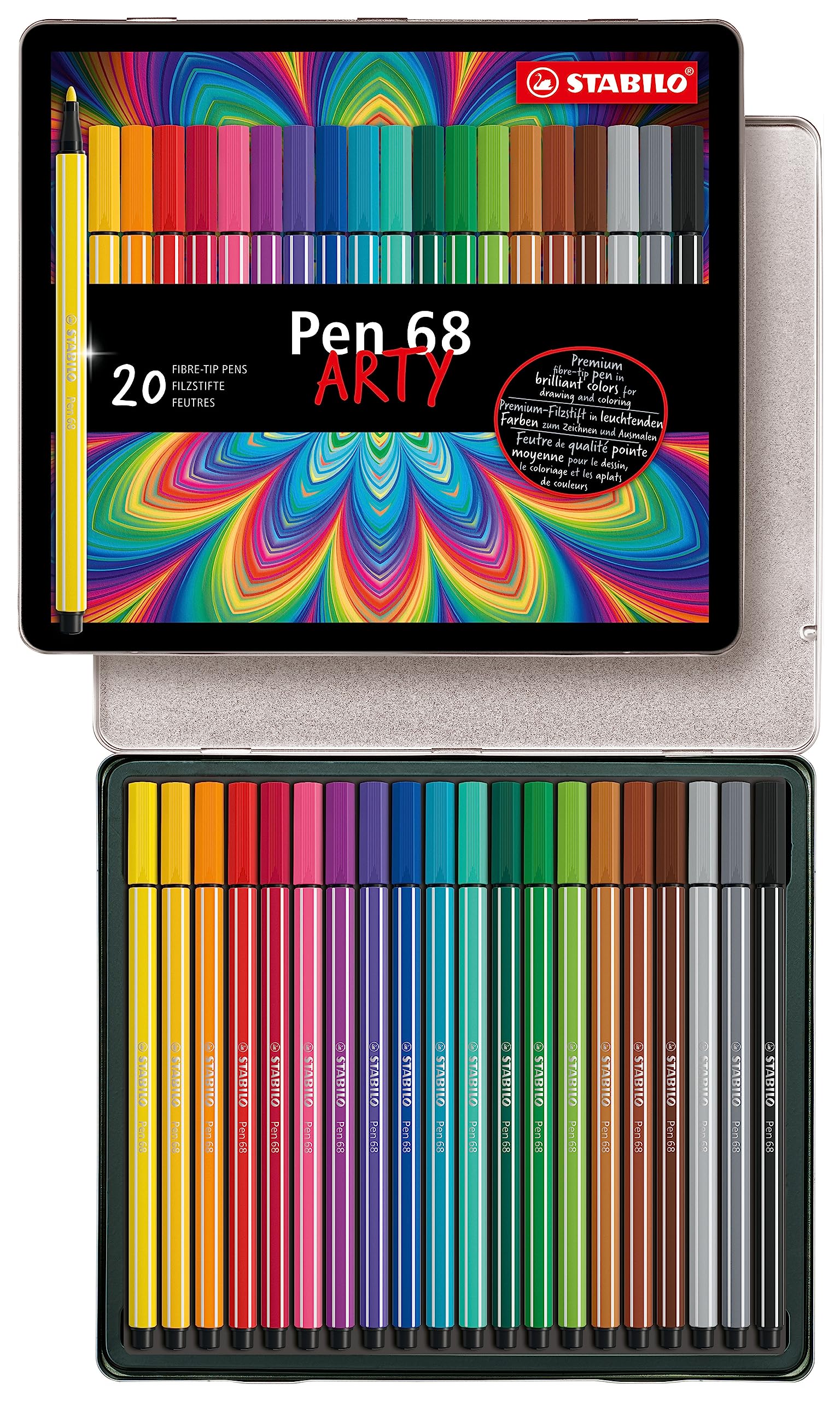 STABILO Pen 68 - Premium Fibre-Tip Pen - ARTY - Tin of 20 - Assorted Colours