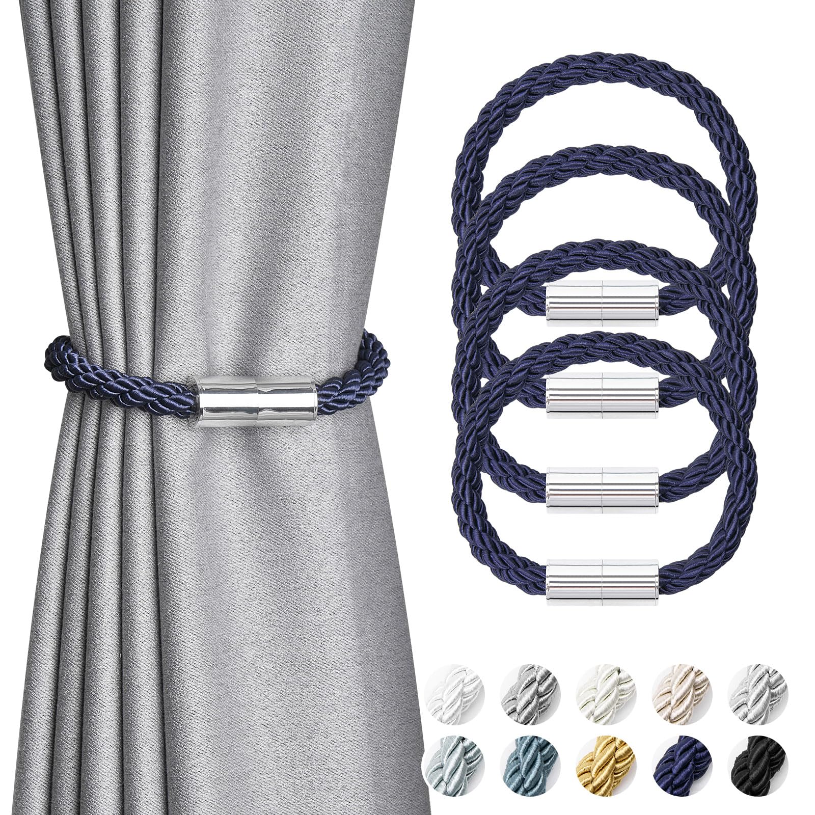 Pretty Jolly 4 Pack Mini Magnetic Curtain Tiebacks Modern Simple Style Drape Tie Backs Elegant Decorative Weave Rope Curtain Holdbacks for Home & Office Thin Window Draperies (Royal Blue)
