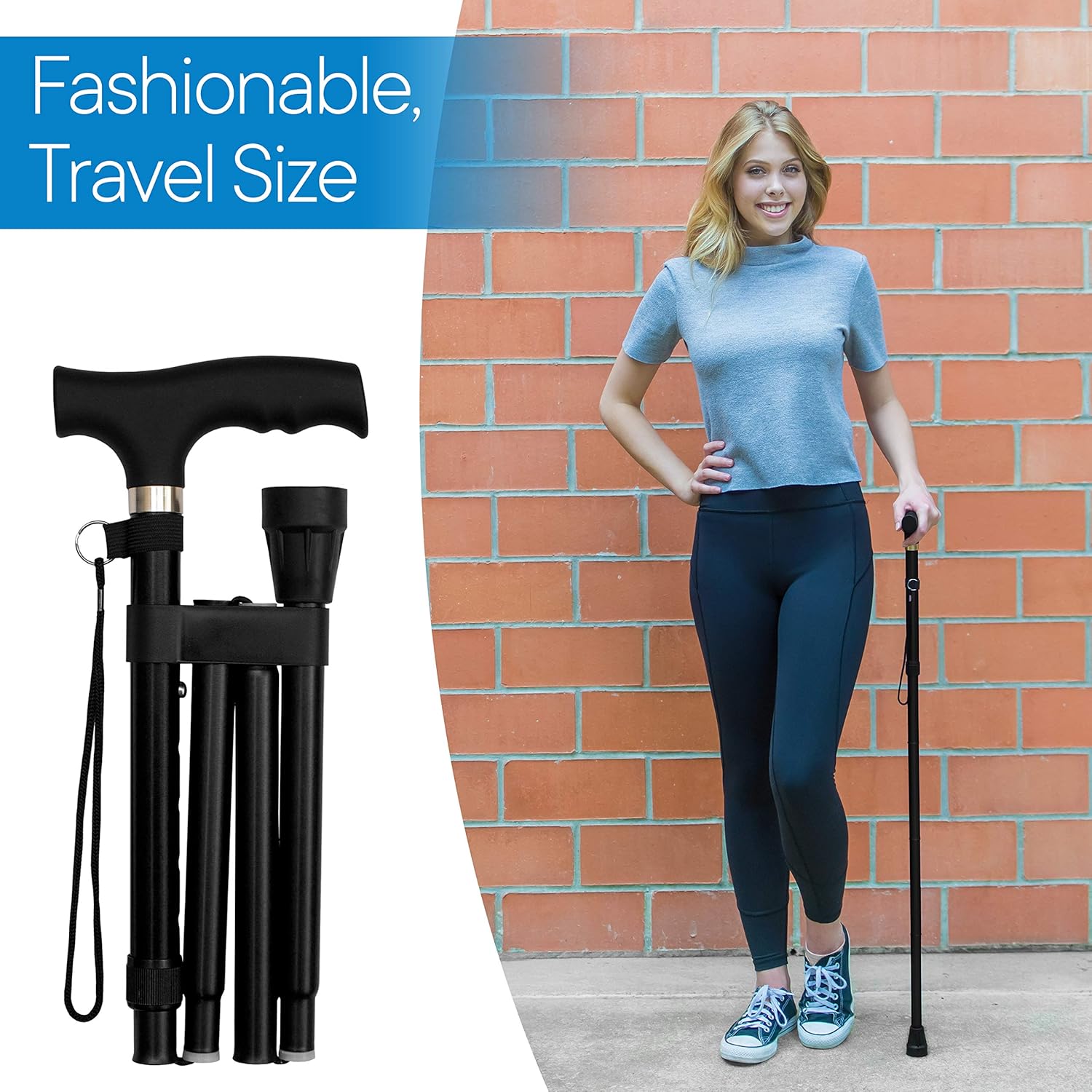 RMS Folding Cane - Foldable, Adjustable, Lightweight Aluminum Offset Walking Cane - Collapsible Walking Stick with Ergonomic Derby Handle - Ideal Daily Living Aid for Limited Mobility (Black): Health & Personal Care